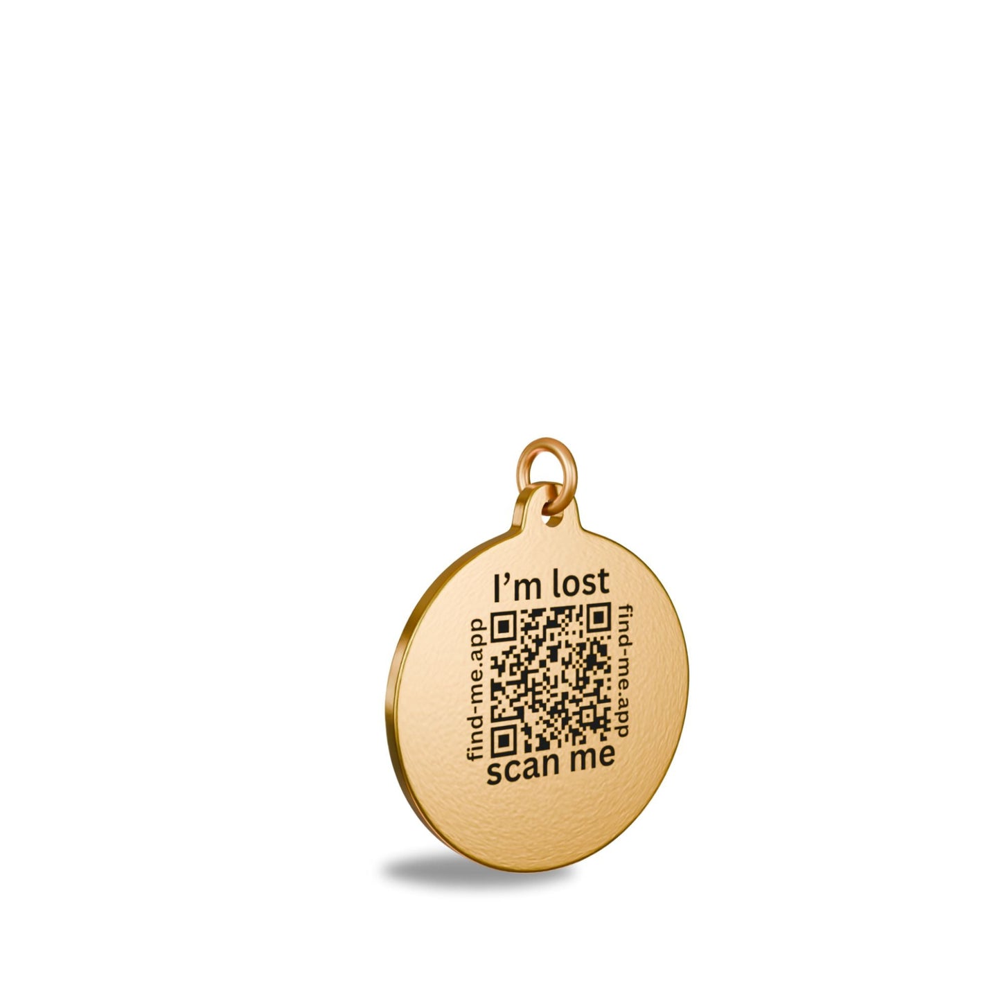 “25mm round brass Find Me pet ID tag engraved with a unique QR Code and text saying I'm lost : Scan Me. Attached to a matching brass split ring to prevent corrosion.”