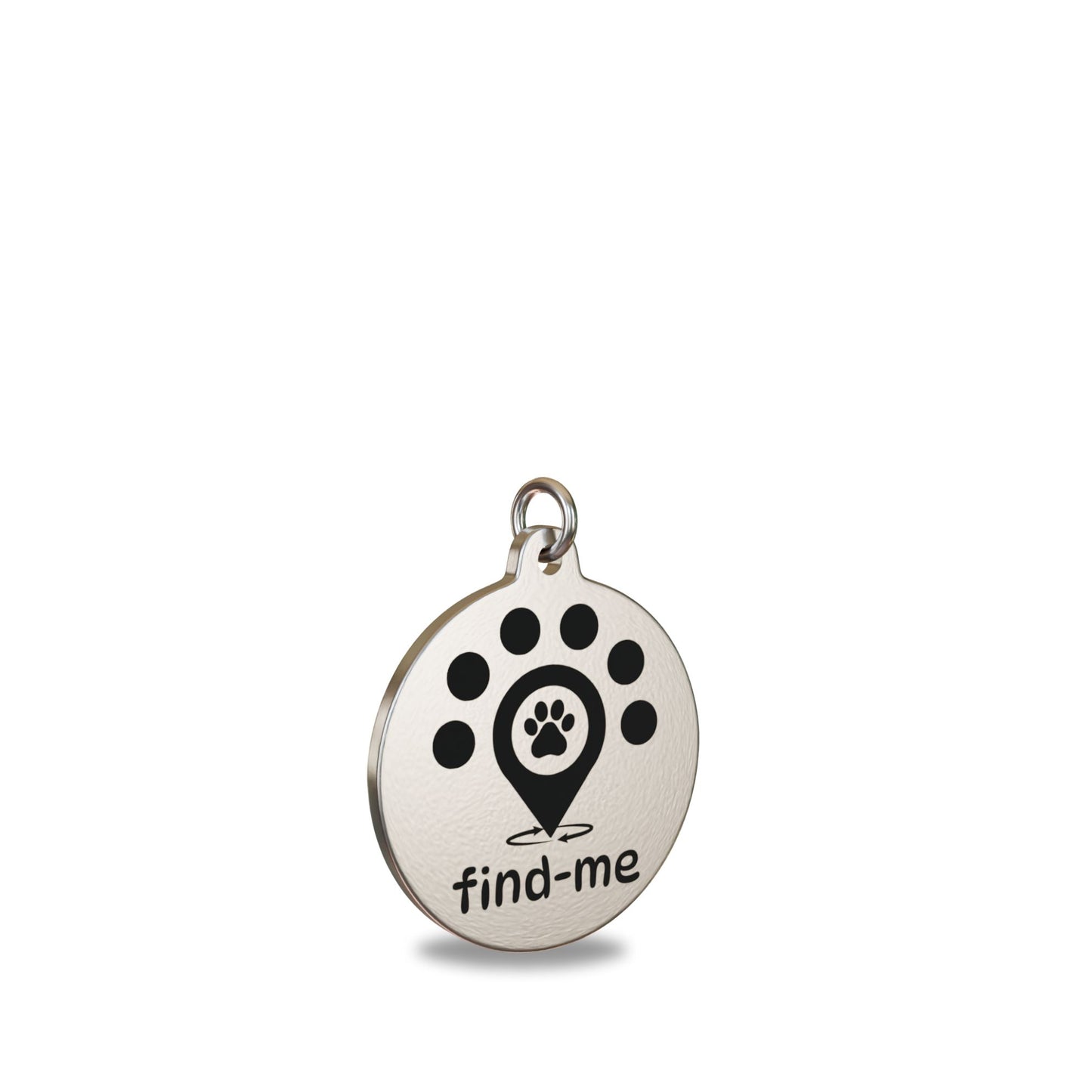 “25mm round brass Find Me pet ID tag engraved with the Find Me logo: a location pin with a paw print symbolising a pet found quickly, surrounded by five dots representing the Find Me community, and circular arrows indicating a safe, fast reunion. Attached to a matching brass split ring to prevent corrosion.”