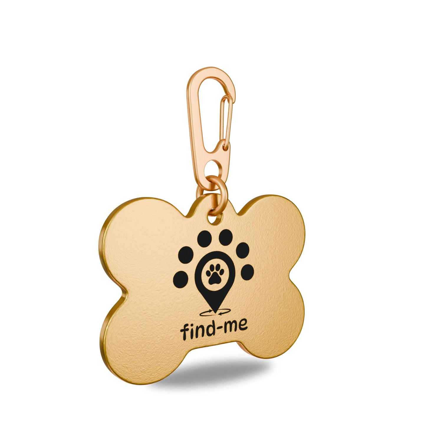 “40mm x 30mm Bone shaped brass Find Me pet ID tag engraved with the Find Me logo: a location pin with a paw print symbolising a pet found quickly, surrounded by five dots representing the Find Me community, and circular arrows indicating a safe, fast reunion. Attached to a matching brass Ezee clip and brass split ring to prevent corrosion.”