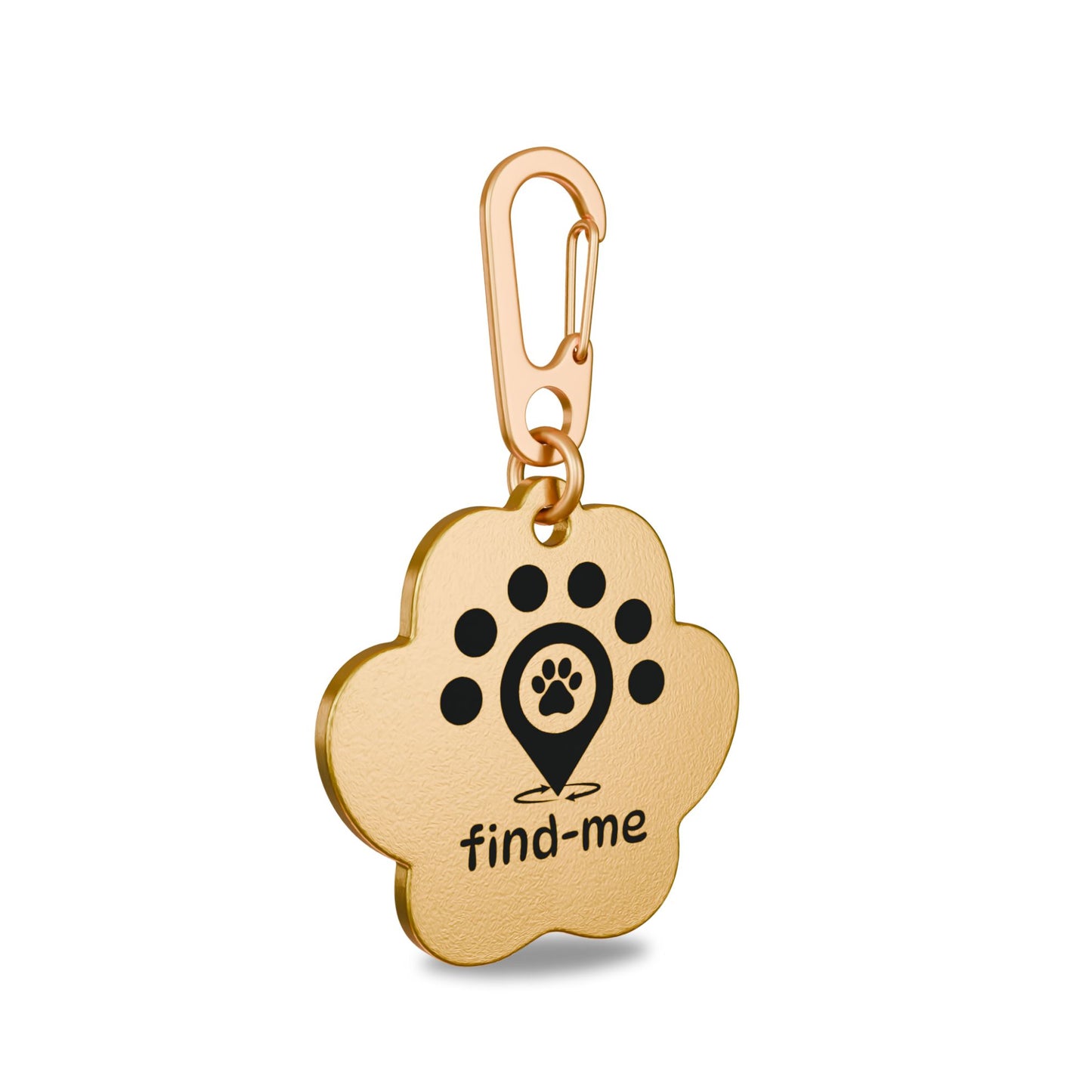 “31.85mm x 31.20mm paw shapped brass Find Me pet ID tag engraved with the Find Me logo: a location pin with a paw print symbolizing a pet found quickly, surrounded by five dots representing the Find Me community, and circular arrows indicating a safe, fast reunion. Attached to a matching brass Ezee clip and brass split ring to prevent corrosion.”