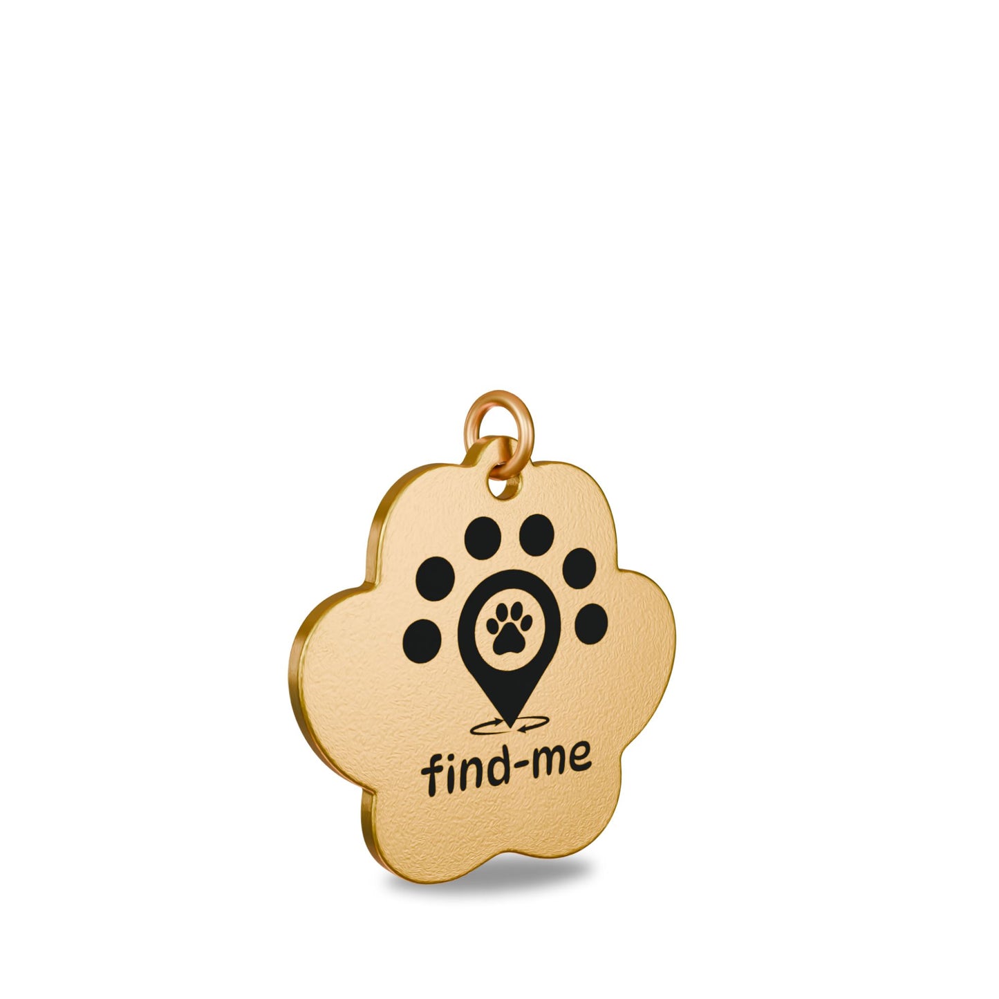 “31.85mm x 31.20mm paw shapped brass Find Me pet ID tag engraved with the Find Me logo: a location pin with a paw print symbolizing a pet found quickly, surrounded by five dots representing the Find Me community, and circular arrows indicating a safe, fast reunion. Attached to a matching brass split ring to prevent corrosion.”