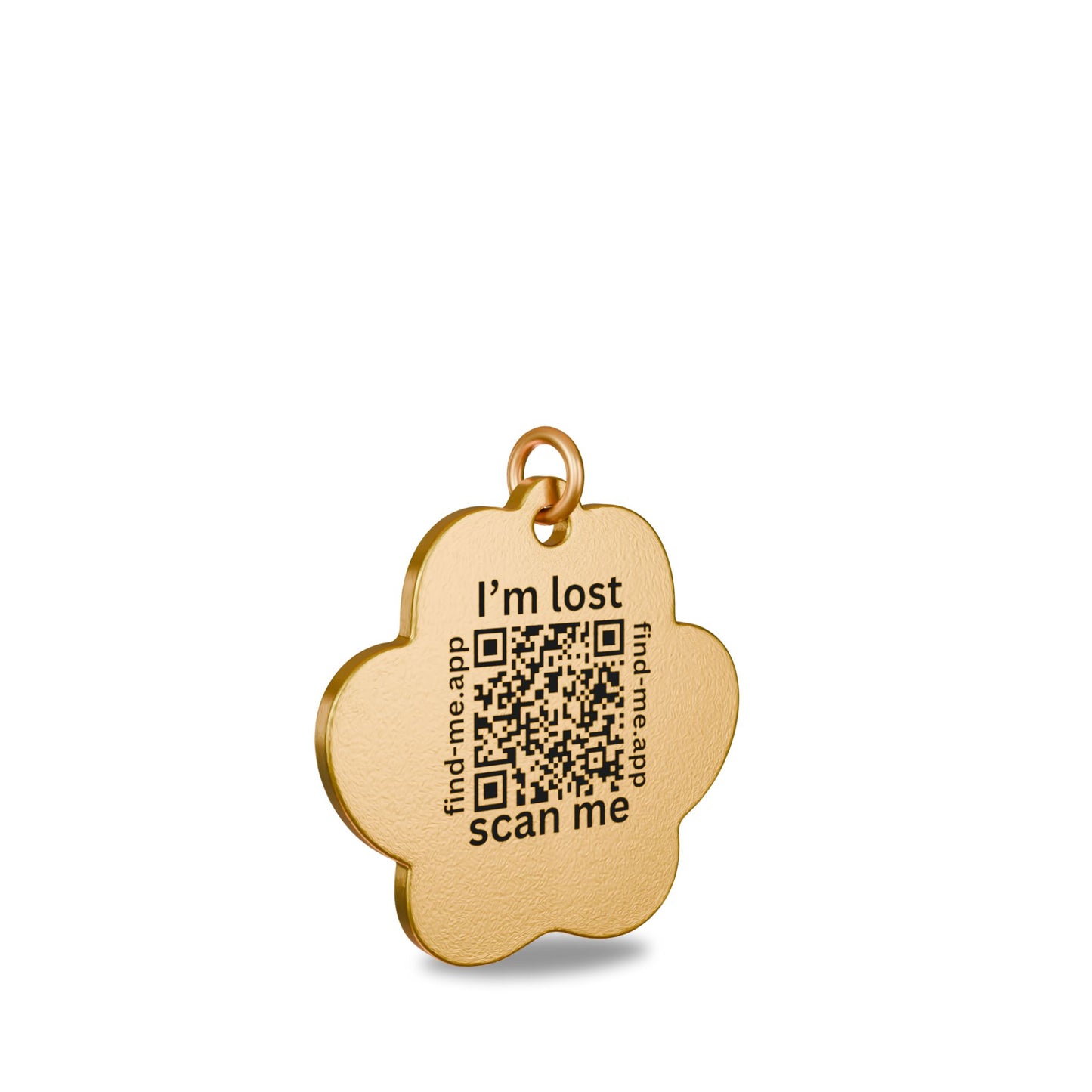 “31.85mm x 31.20mm paw shaped brass Find Me pet ID tag engraved with unique QR Code attached to a matching brass split ring to prevent corrosion.”