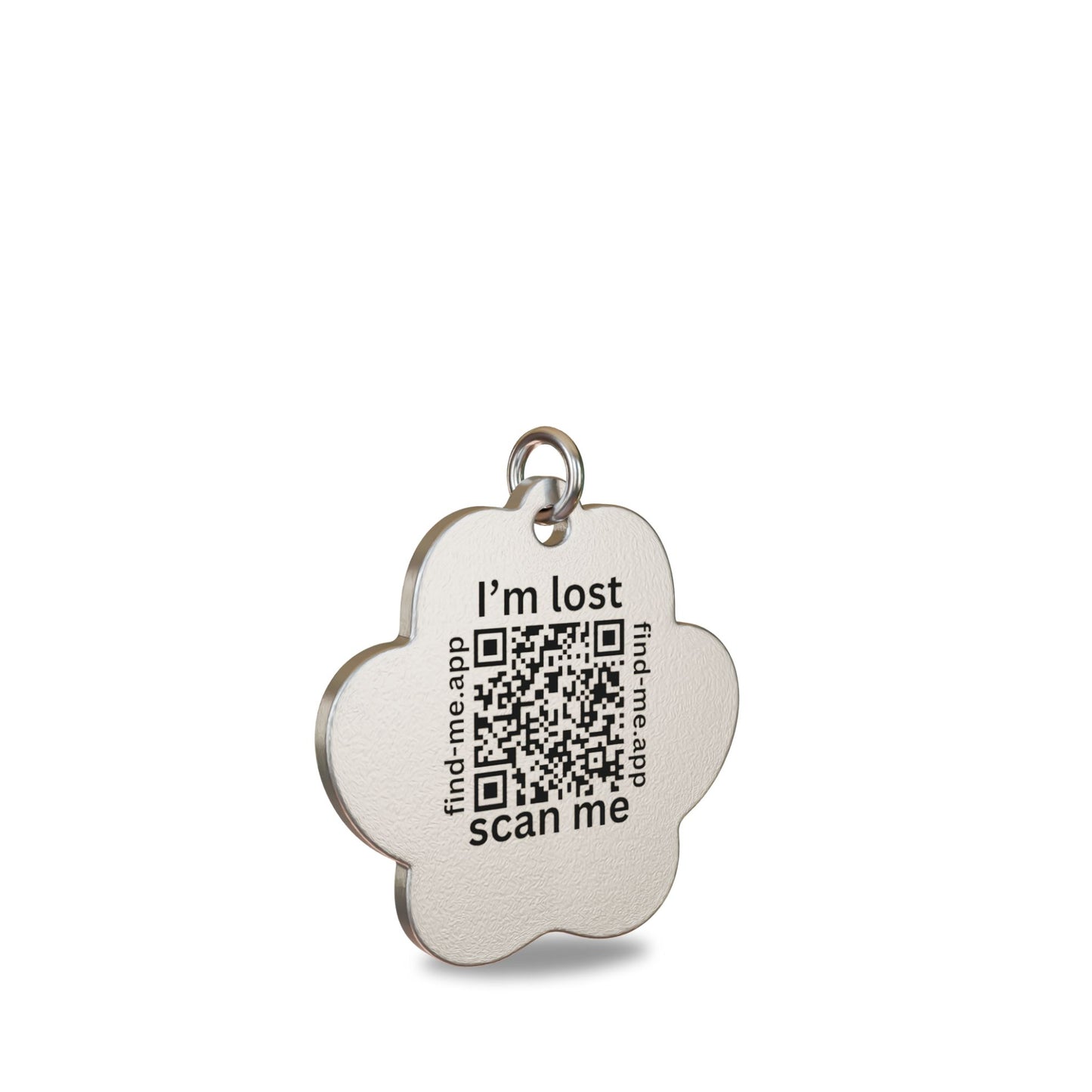 “31.85mm x 31.20mm paw shaped high grade stainless steel Find Me pet ID tag engraved with unique QR Code attached to a matching stainless steel split ring to prevent corrosion.”