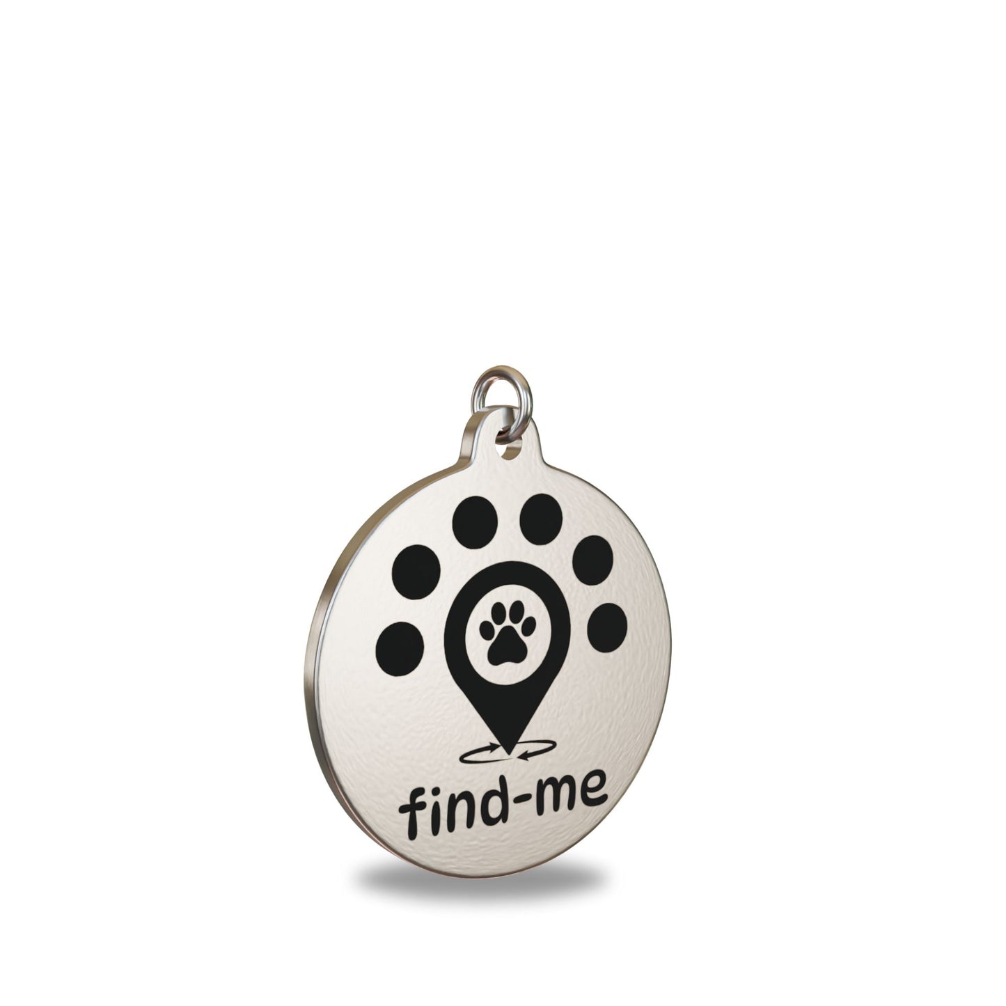 “30mm round brass Find Me pet ID tag engraved with the Find Me logo: a location pin with a paw print symbolising a pet found quickly, surrounded by five dots representing the Find Me community, and circular arrows indicating a safe, fast reunion. Attached to a matching brass split ring to prevent corrosion.”
