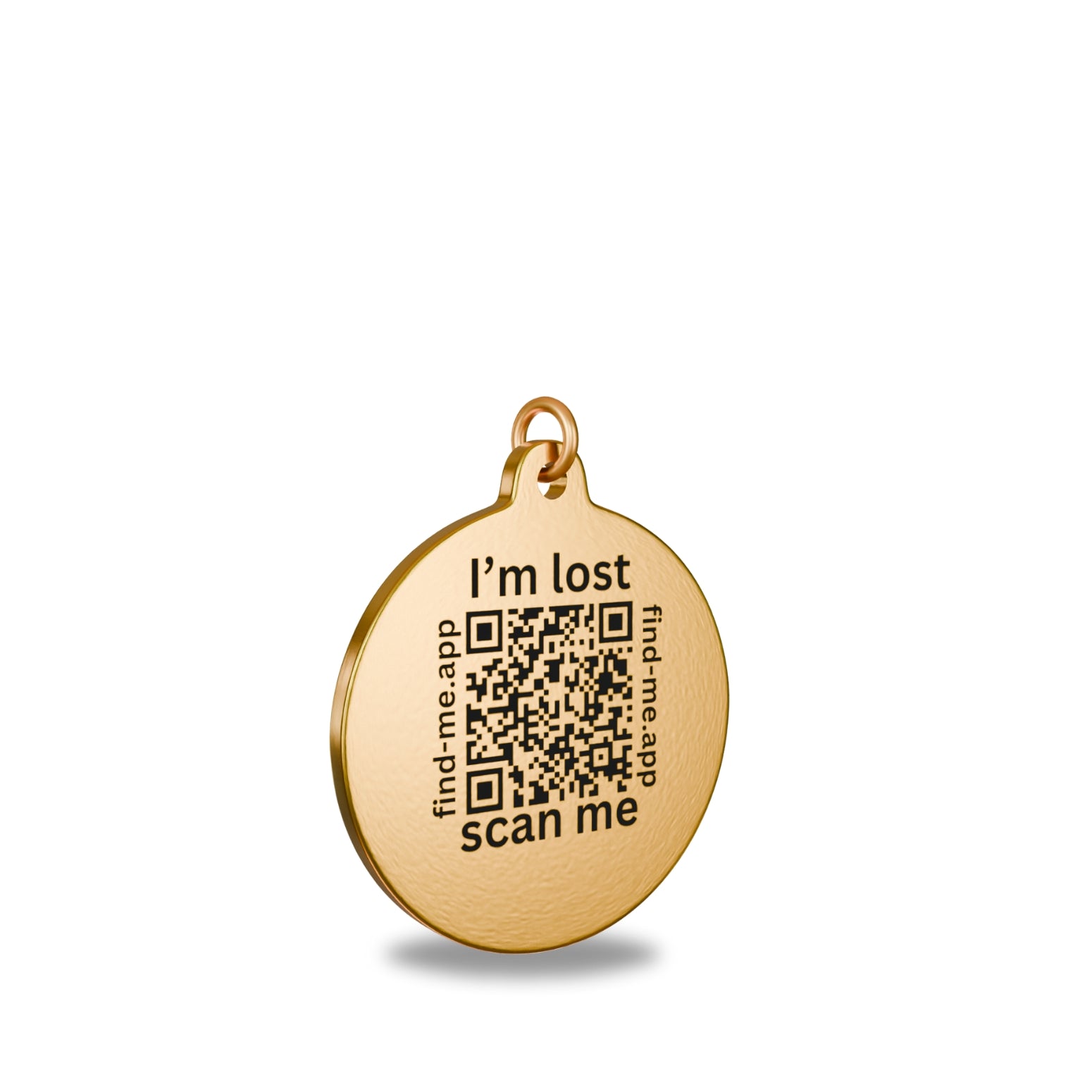 “30mm round brass Find Me pet ID tag engraved with a unique QR Code and text saying I'm lost : Scan Me  Attached to a matching brass  brass split ring to prevent corrosion.”