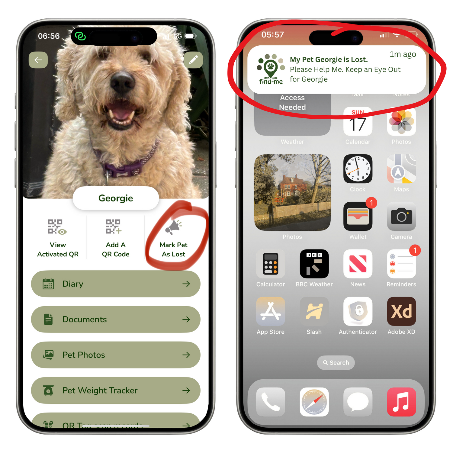 “Two smartphones displaying the Find Me pet recovery app. The left screen shows a pet profile for Georgie with the ‘Mark Pet As Lost’ button highlighted. The right screen shows a push notification reading: ‘My Pet Georgie is Lost. Please Help Me. Keep an Eye Out for Georgie.’”
