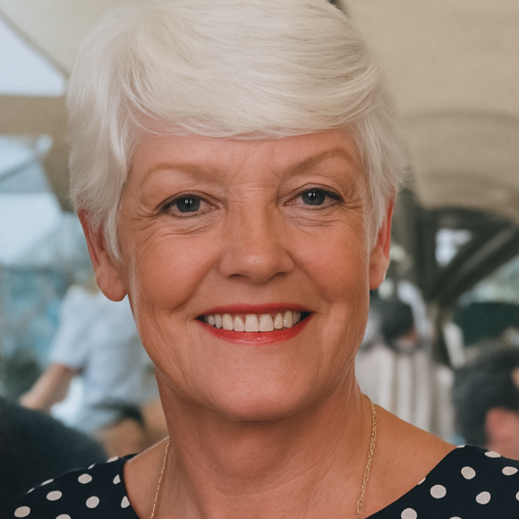 “Portrait of the Find Me founder’s mum, a smiling woman with short white hair in a polka dot dress. She spent her retirement and every penny she had rescuing and rehoming stray pets — the inspiration behind the Find Me mission.”