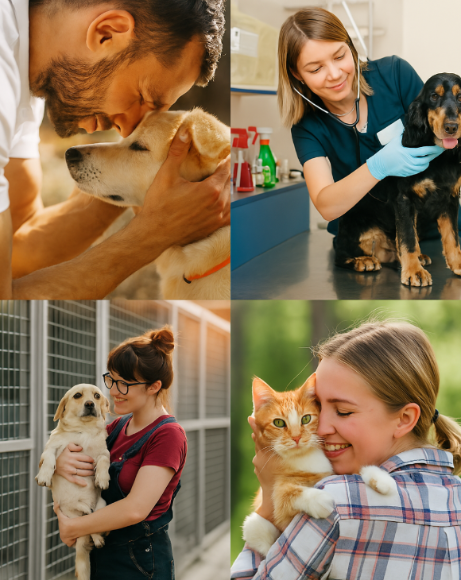 “Collage of four heartwarming pet rescue and care scenes: a man bonding with a dog, a vet examining a black and tan spaniel, a shelter worker cuddling a small rescue dog, and a woman happily hugging a ginger cat.”