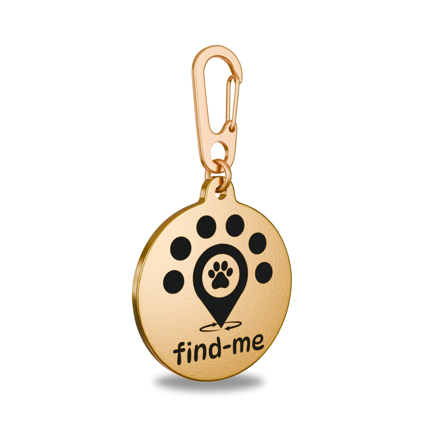 “30mm round brass Find Me pet ID tag engraved with the Find Me logo: a location pin with a paw print symbolizing a pet found quickly, surrounded by five dots representing the Find Me community, and circular arrows indicating a safe, fast reunion. Attached to a matching brass Ezee clip and brass split ring to prevent corrosion.”