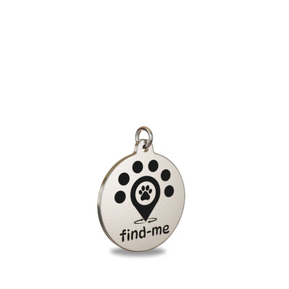 “25mm round brass Find Me pet ID tag engraved with the Find Me logo: a location pin with a paw print symbolising a pet found quickly, surrounded by five dots representing the Find Me community, and circular arrows indicating a safe, fast reunion. Attached to a matching brass  split ring to prevent corrosion.”