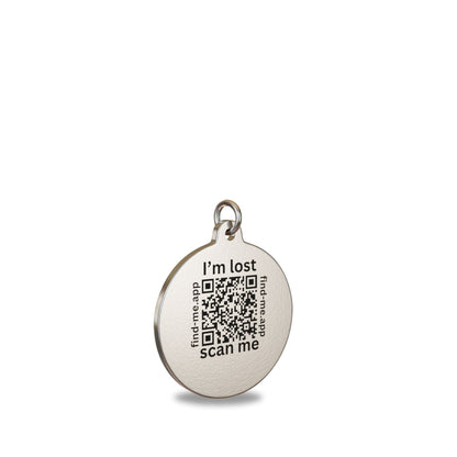 “25mm round high grade stainless steel Find Me pet ID tag engraved with a unique QR Code and text saying I'm lost : Scan Me.  Attached to a matching stainless steel  split ring to prevent corrosion.”