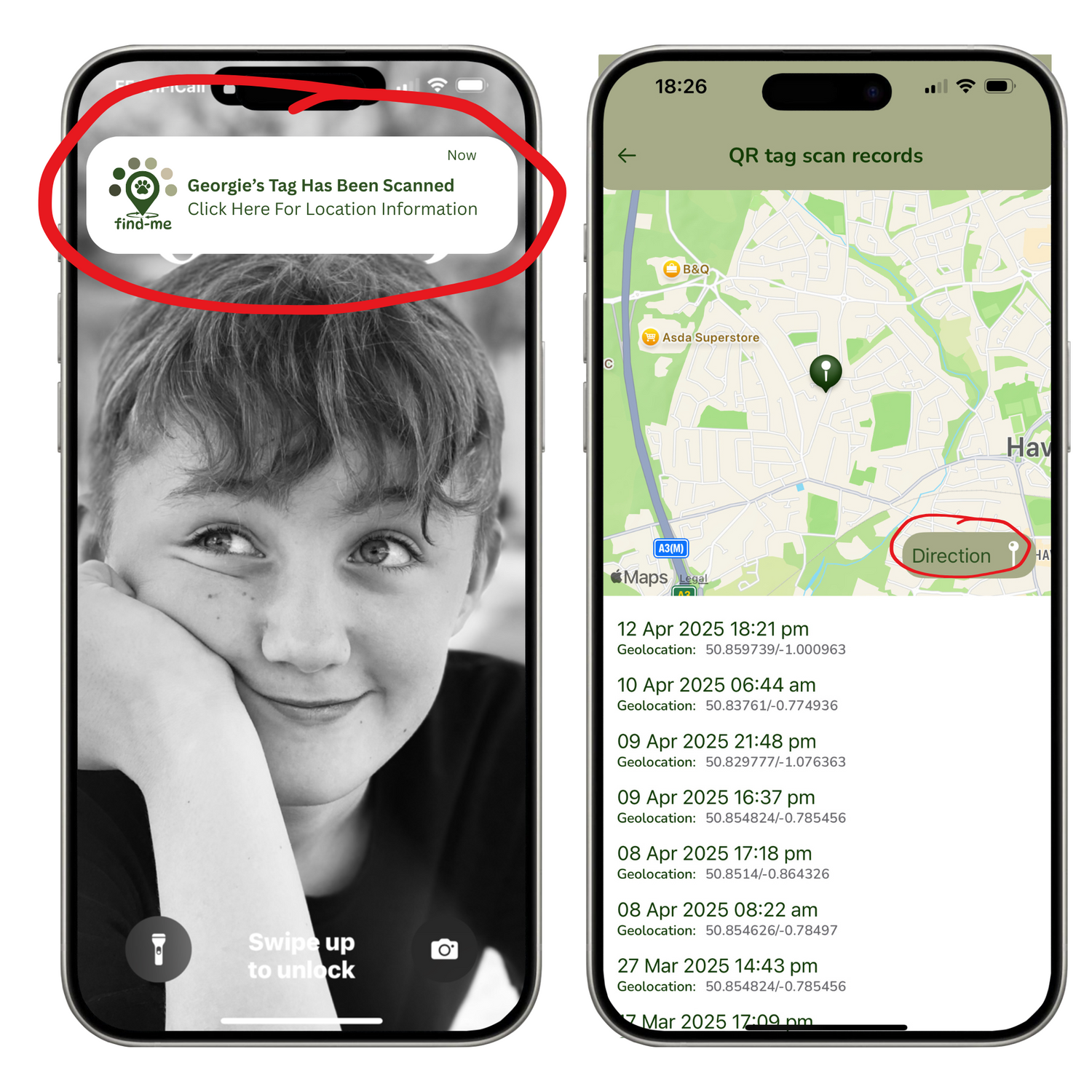“Two smartphones showing Find Me app features. The left screen displays a lock screen notification reading: ‘Georgie’s Tag Has Been Scanned. Click Here For Location Information.’ The right screen shows a map and scan history with geolocation data and a ‘Direction’ button circled.”