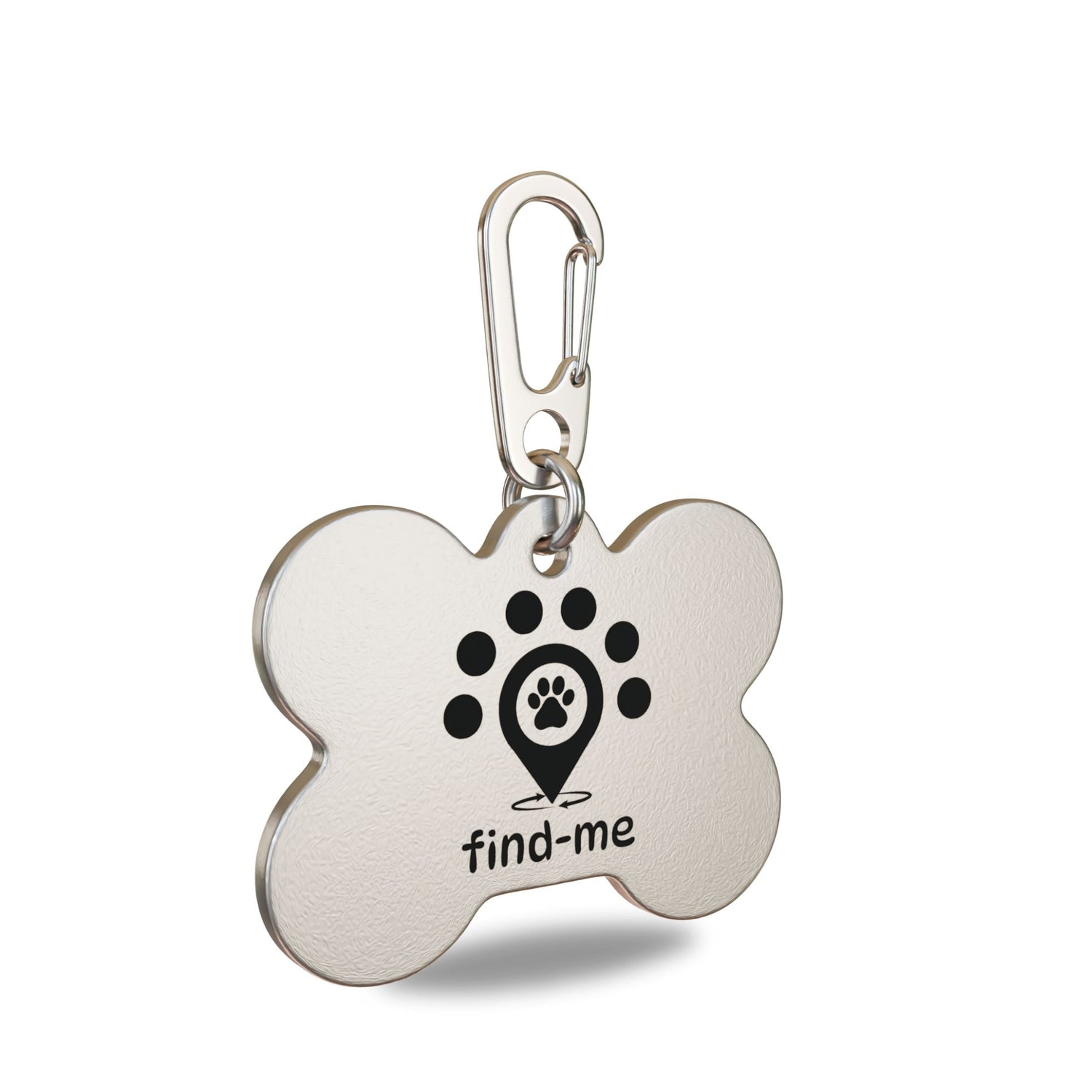 “40mm x 30mm Bone shaped high grade stainless steel Find Me pet ID tag engraved with the Find Me logo: a location pin with a paw print symbolising a pet found quickly, surrounded by five dots representing the Find Me community, and circular arrows indicating a safe, fast reunion. Attached to a matching stainless steel Ezee clip and stainless steel split ring to prevent corrosion.”