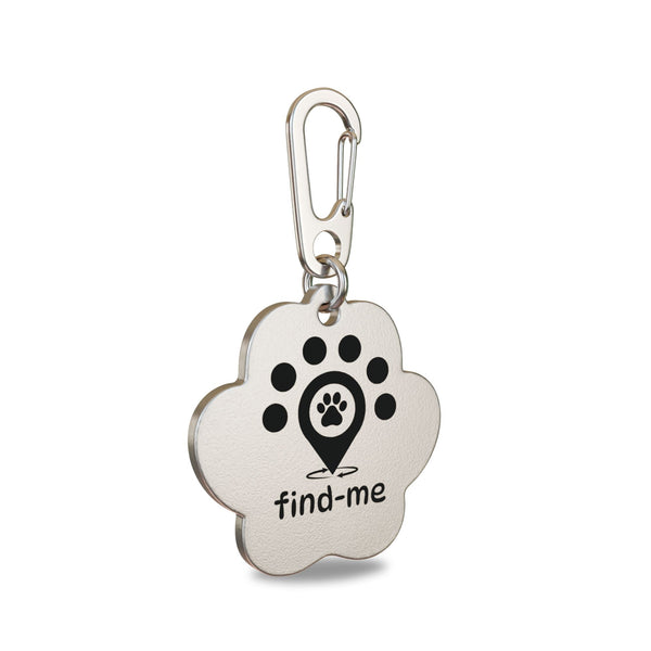 “31.85mm x 31.20mm paw shaped high grade stainless steel Find Me pet ID tag engraved with the Find Me logo: a location pin with a paw print symbolising a pet found quickly, surrounded by five dots representing the Find Me community, and circular arrows indicating a safe, fast reunion. Attached to a matching stainless steel Ezee clip and stainless steel split ring to prevent corrosion.”