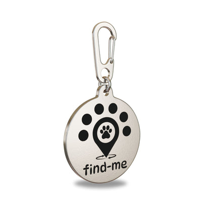 “30mm round high grade stainless stell Find Me pet ID tag engraved with the Find Me logo: a location pin with a paw print symbolising a pet found quickly, surrounded by five dots representing the Find Me community, and circular arrows indicating a safe, fast reunion. Attached to a matching stainless steel  Ezee clip and stainless steel split ring to prevent corrosion.”